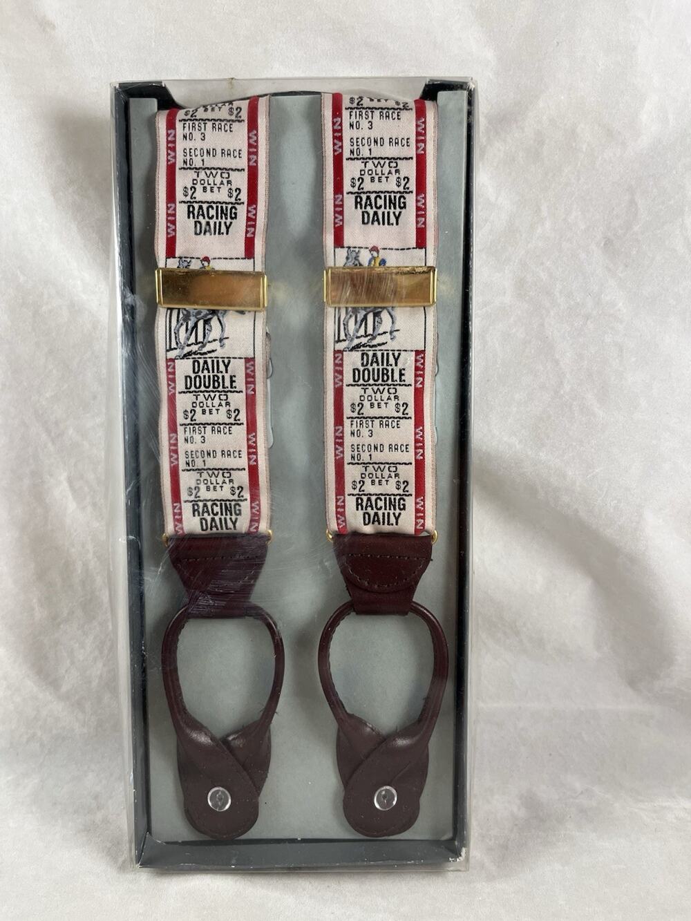 Braces Suspenders Equestrian Horse Racing Daily Tickets Print Button Box Vintage